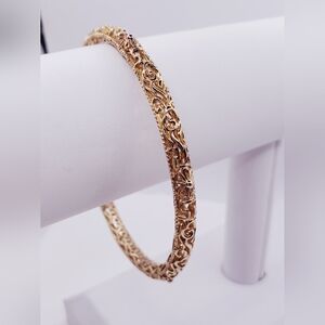 18k Yellow Gold - 925 Sterling Silver Flower Design Bangle Bracelet